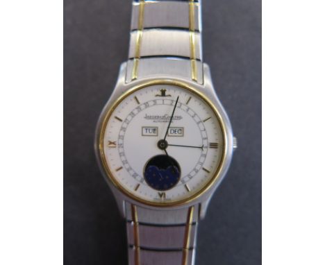 A gents bi metal Jeager le Coultre automatic Albatros wristwatch with triple calendar and moon phase, 34mm wide including but