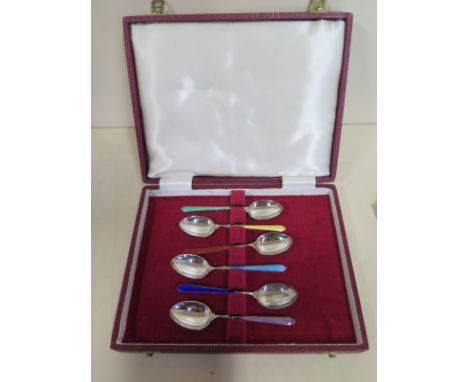 Six silver and enamel tea spoons with damage to enamel, rest are good, total weight approx 2.4 troy oz 