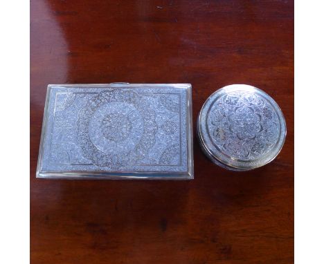 Two pieces of Iranian silver, a cigarette case and a circular trinket box, approx 12.7 troy oz, both in good condition 