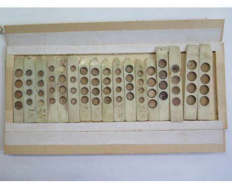 A collection of seventeen ivory microscope slides or sliders, dating to around 1800, these scarce slides are in good conditio