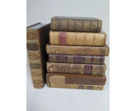 Seven leather bound books, to include works of Tennyson MacMillan and Co, 1905 - Holy Living Jeremy Taylor 1852 - series of D