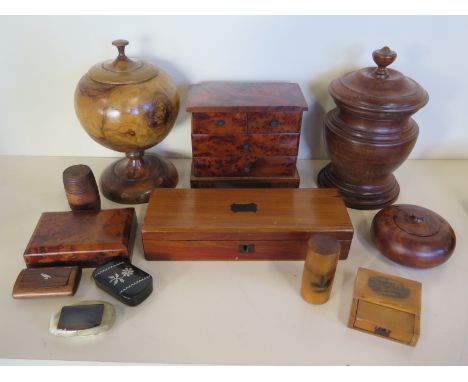 A collection of treen, including two pieces of mauchline ware, ten pieces in total with two small trinket boxes 