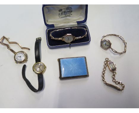 Four 9ct yellow gold ladies watches, on 9ct straps, one working, total weight approx 58 grams, and an 18ct watch on leather s
