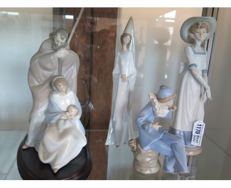 Four Nao figurines, including a Joseph, Mary and baby Jesus, figural group, two female figures a seated minstrel, three figur