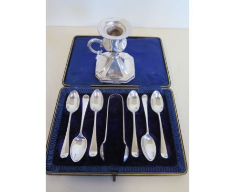 A cased set of six silver teaspoons, and a pair of tings, hallmarked London 1907 - approx 3.6 troy oz - together with a white