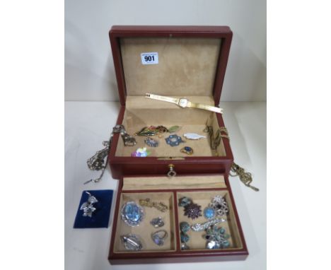 An assortment of costume and silver jewellery in a leather jewellery box 