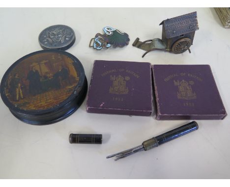 A papier mache trinket box, a tape measure in the form of a cart, two British bank notes £1 and 10 shillings, see images for 