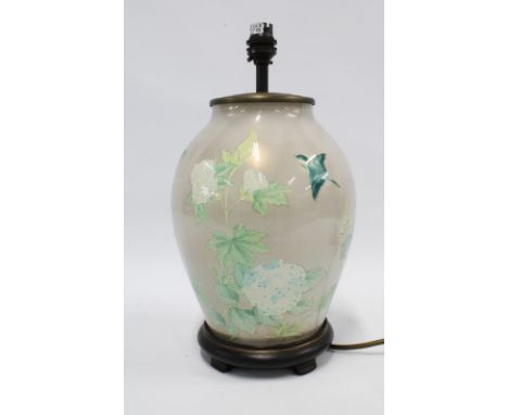 Jenney Worrell table lamp, hand blown glass with internal bird and flowers pattern, on a faux wood base, 35cm including fitti