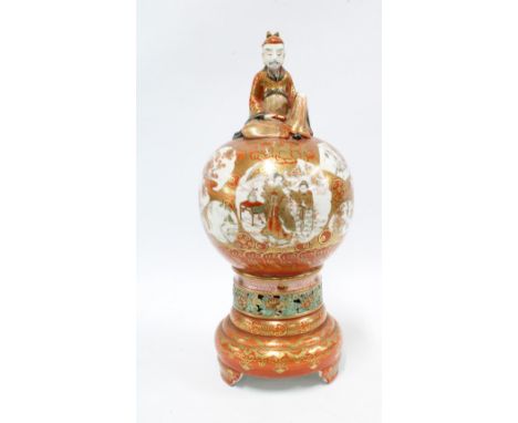 Japanese Kutani koro, the cover with figural finial, the base with a pierced band, (a/f with losses to inside rim), overall h
