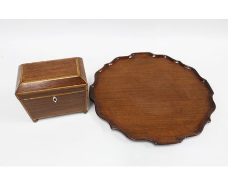 19th century mahogany tea caddy, satin strung borders, hinged lid with two lead lined divisions with lids, on bun feet, 18cm 