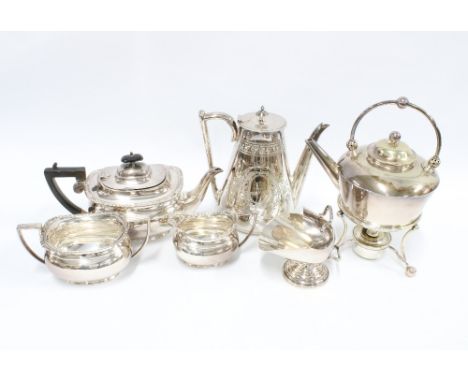 Epns wares to include a three part teaset, a spirit kettle on stand, coffee pot and sugar scuttle (a lot) 