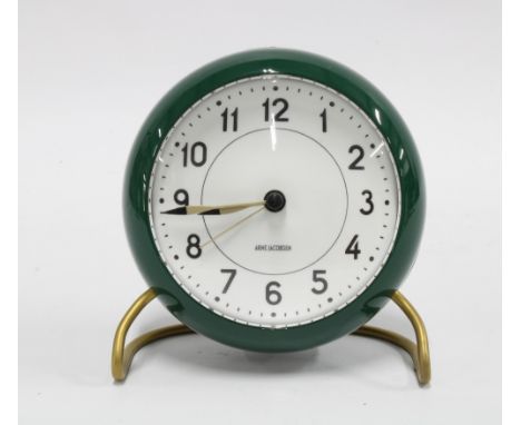 Arne Jacobsen Station alarm clock in racing green, 12 x 10cm diameter 