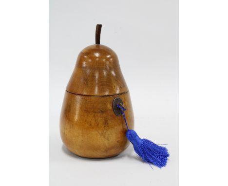Fruitwood tea caddy in the form of a pear, complete with key, 19cm high 