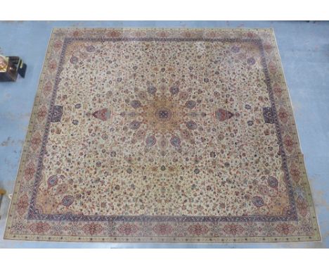 Large Ambala Jacquard Wilton carpet, beige field with all-over foliate pattern, (a/f with cuts to one end) 3.65m x 4.14m 