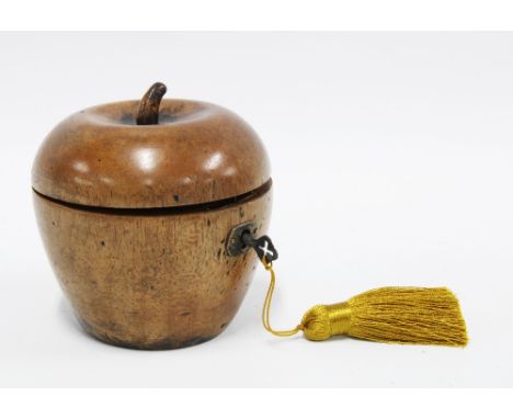 Fruitwood tea caddy in the form of an apple, complete with key, 11cm high 