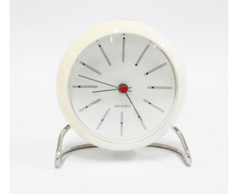 Arne Jacobsen Bankers alarm clock in white case, 12 x 10cm diameter 