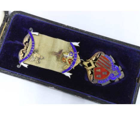 Masonic silver gilt and enamel medallion with ribbon, in original  Edward Stillwell &amp; Son box, Birmingham 1912 