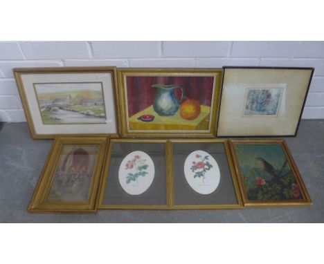 Quantity of artworks to include a still life, watercolour, etching and prints, (a lot) 