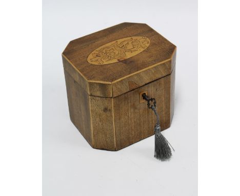 19th century mahogany and inlaid tea caddy, octagonal shape, locked with key, (unable to open) 12cm high 