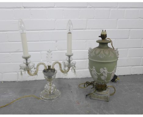 Wedgewood table lamp (A/F) together with a glass candelabra table light, (2) 
