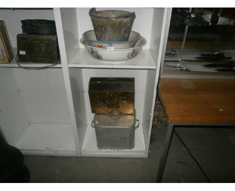 galvanized bucket, brass magazine rack and 2 large ceramic wash bowls etc
