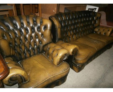 green chesterfield style 3 seater settee and chair - tear on cushion