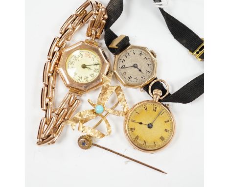 Two early 20th century 9ct gold manual wind wrist watches, one on an expanding 9ct bracelet, a 9ct gold fob watch, a 750 and 