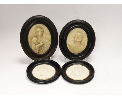 A pair of 19th century alabaster relief carved religious plaques and a pair of Sevres biscuit porcelain portrait plaques of L