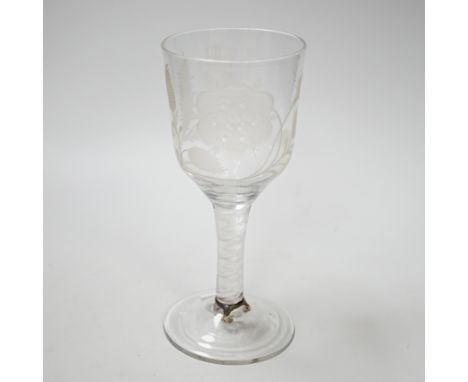 An English lead crystal Jacobite goblet, c.1750-60, bowl of ogee form, engraved with open and one closed rose and thistle, DS