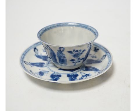 A Chinese Kangxi blue and white tea bowl and saucer, 10cm diameter