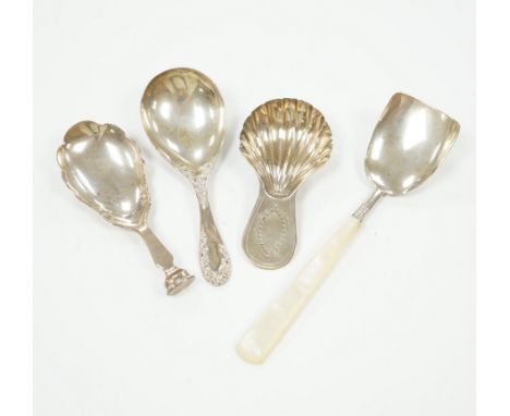 Two 19th century silver caddy spoons including mother of pearl handled by George Unite, 12.1cm and two later silver caddy spo