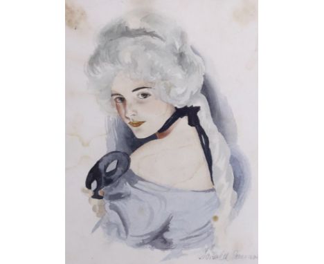 Watercolour, Portrait of Marie Antoinette with masquerade mask, indistinctly signed possibly Donald Everard?, 20 x 15cm