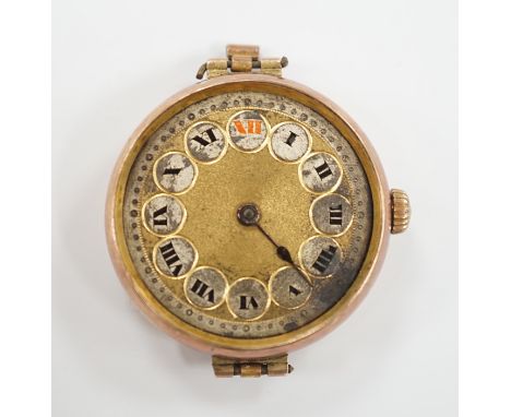 An early 20th century 9ct gold Rolex manual wind wrist watch, with detached associated flexible strap (a.f.).