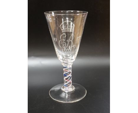 A large Edward VIII commemorative trumpet goblet with etched glass design and cypher dated 1937, stem with red, blue and whit