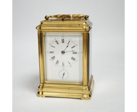 A French hour repeating brass gorge cased carriage clock with alarm, 15cm
