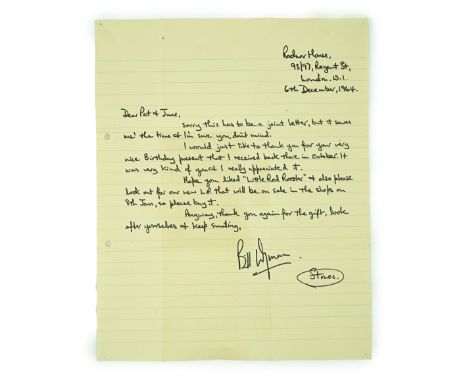 Rolling Stones interest; a hand written letter by Bill Wyman, dated 6th December 1964, together with the original envelope (a