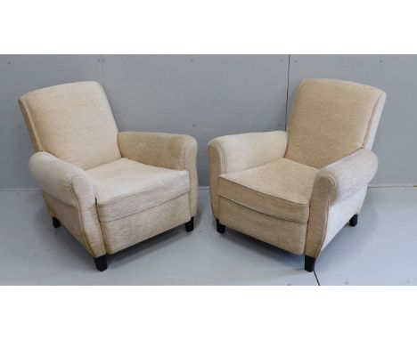 A pair of 1950's Italian armchairs in Bugatti style, width 84cm, depth 86cm, height 78cm