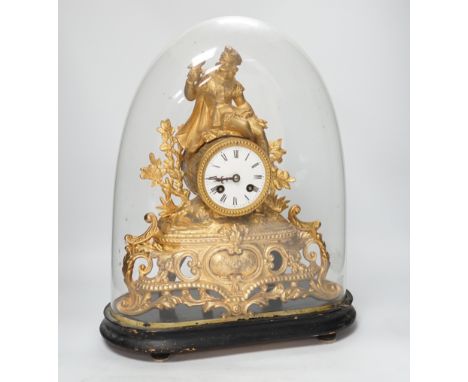 A 19th century Louis XVI-style gilt metal mantel clock, under glass dome, French movement striking on a bell, 41cm