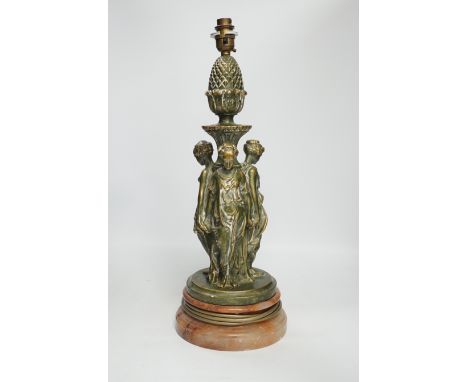 A Three Graces painted resin table lamp, partially gilded, raised on circular rouge marble base, 51cm high overall