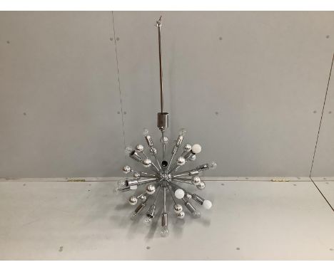 A mid century style spherical chrome 'explosion' ceiling lamp, height 100cm