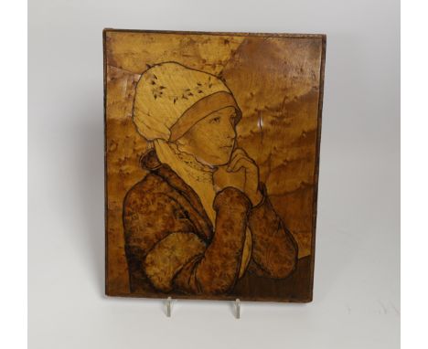 An Arts and Crafts marquetry panel by Camm &amp; Co, portrait of a lady, signed verso, 25cm x 19cm