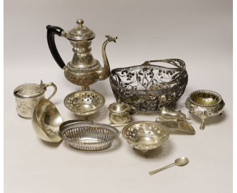 A quantity of silver and white metal items including a continental filigree basket, small silver bonbon dish, George III soup