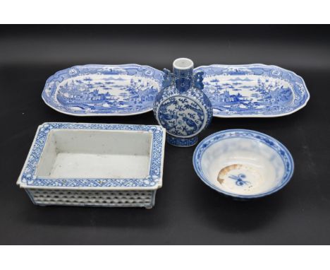 A pair of Spode blue and white serving trays, a Chinese blue and white flask along with a similar bowl and dish. H.7 W.22cm (