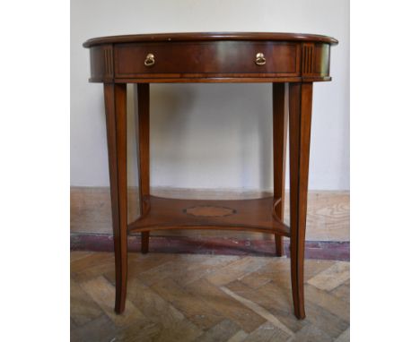 An Edwardian style burr elm lamp table with crossbanding and ebony stringing and frieze drawer on square tapering supports un