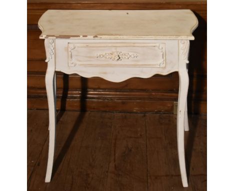 A French Provincial style distressed painted console table fitted with frieze drawer on slender cabriole supports. H.76 W.90 