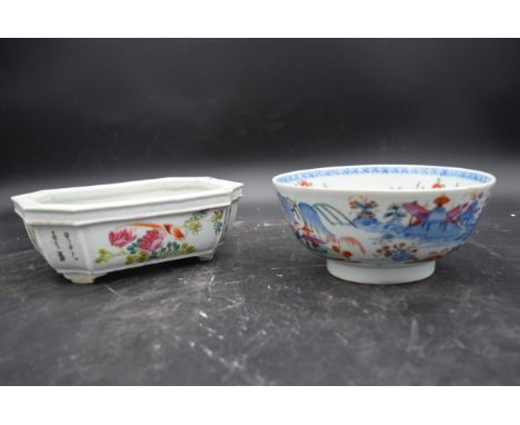 An Antique Famille Rose porcelain octagonal planter decorated with birds and flowers with Chinese character inscription along