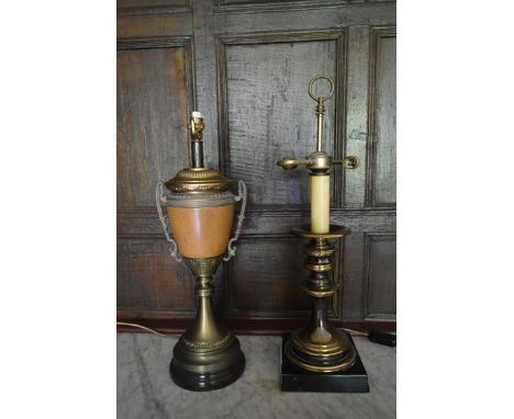 A brass table lamp in the shape of a Classical urn along with another brass table lamp and a shade. H.62cm W.20cm 