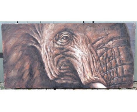 A large unframed oil on stretched canvas, elephant portrait. H.70 W.140cm 