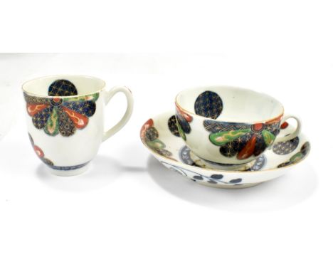 WORCESTER; an 18th century first period trio comprising saucer, tea cup and coffee can, painted in the oriental manner, pseud