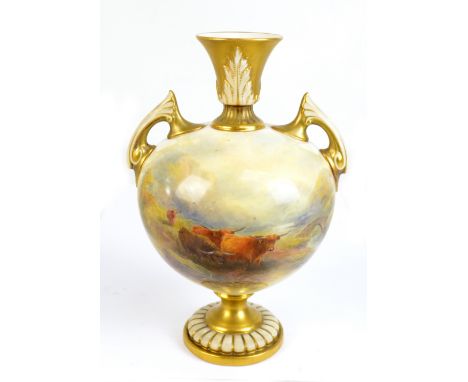 ROYAL WORCESTER; a large James Stinton painted twin handled vase decorated with highland cattle beside a stream, signed, puce